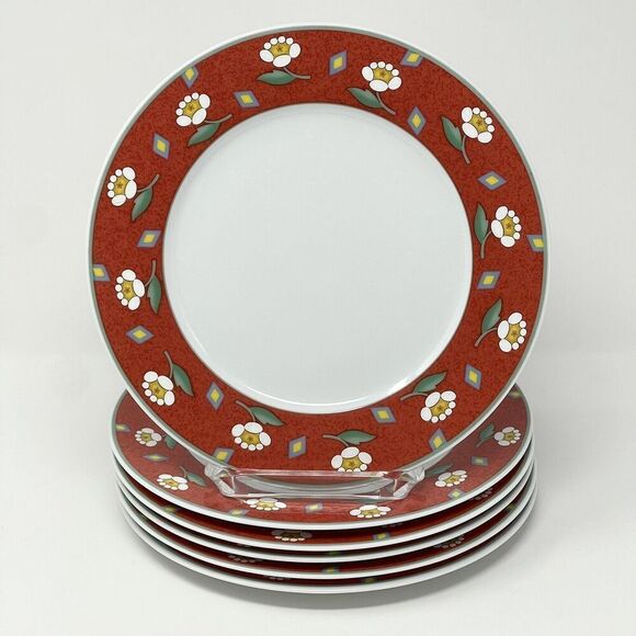 Villeroy & Boch Switch 1 Ava Red Flower Salad Side Plates Germany 8.25” Set Of 6 - Picture 1 of 4